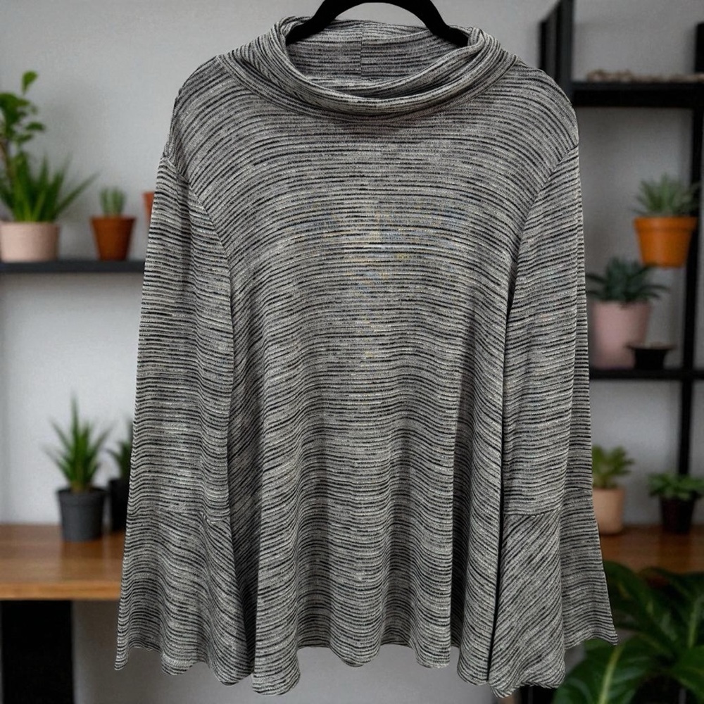 NEW Cupio Black and White Micro Stripe Cowlneck Jersey Bell‎ Sleeve Blouse L